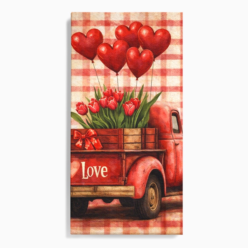Tablou canvas cu tablou canvas cu un camion rosu vintage, fara rama, pe sasiu de lemn